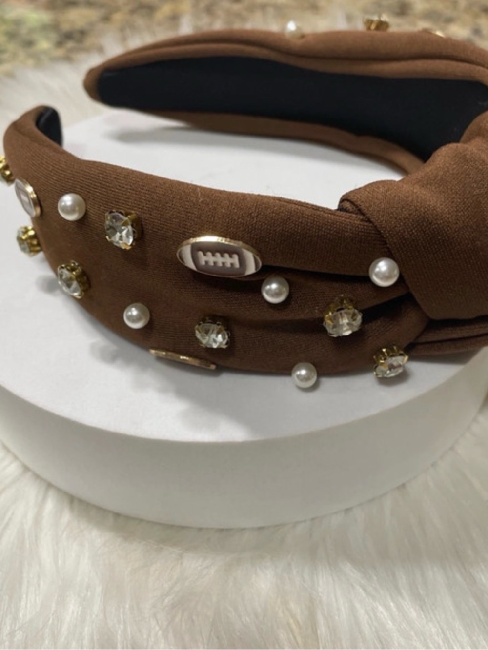 Embellished Knotted Headband in Brown with Pearls and Crystals - Picture 2 of 5